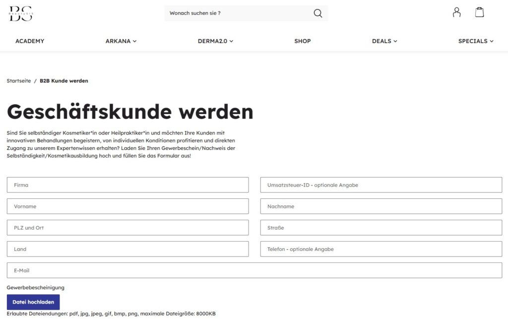 Geschäftskundenregistrierung Beautysis Shop